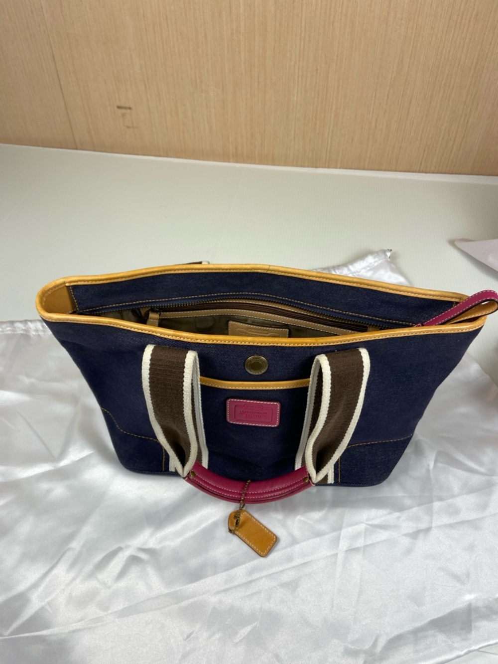 Coach Denim Tote Bag Pink Leather Trim Stripe Canvas Small Carryall Zip Top Y2K - Picture 14 of 15